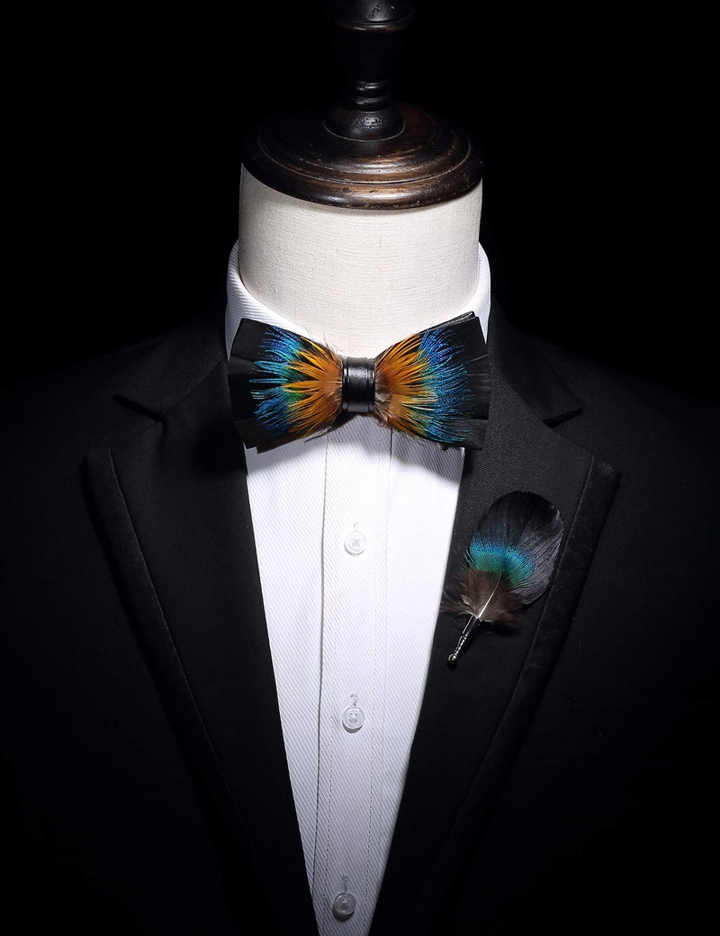 RBOCOTT Feather Pre-tied Bow tie Leather Bowtie and Brooch Sets for Men(14) - Image 5